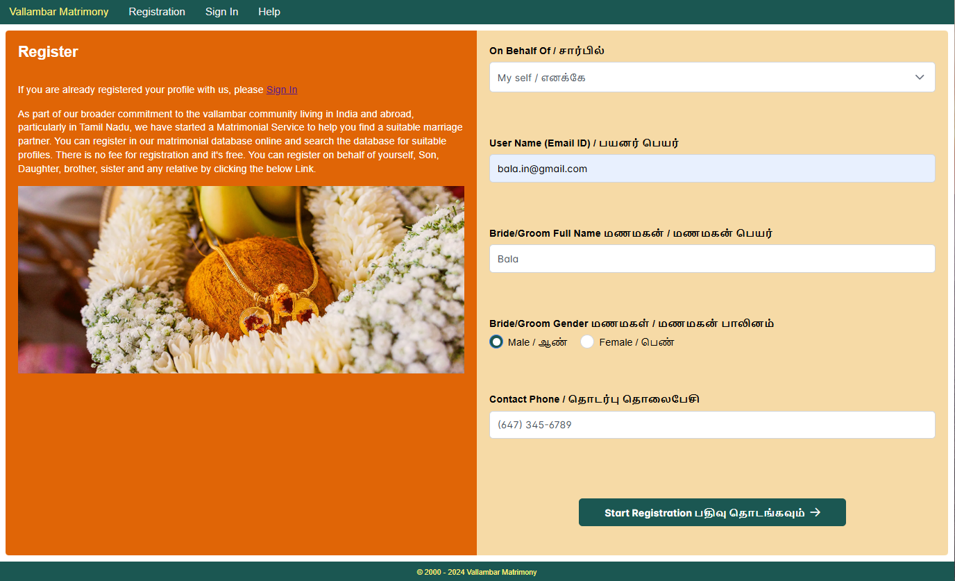 vallambar matrimony registration page screenshot